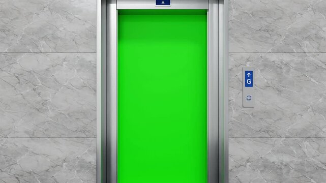 Modern Elevator Doors Opening and Revealing Green Screen. Camera Zooming Into Elevator Interior. Seamless Loop Animation for Transitions and Chroma Key Compositing. 4K 3D Video Animation