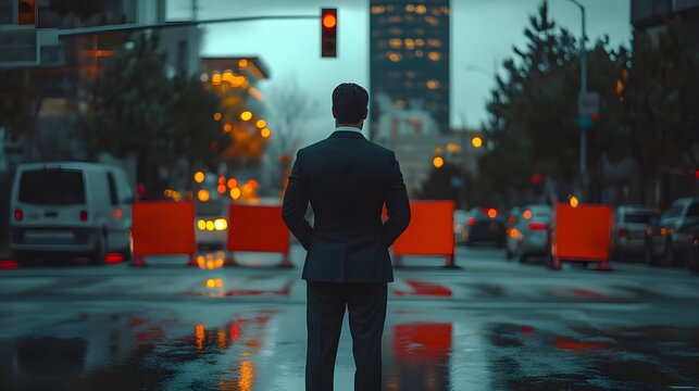 Businessman Waiting at a Rainy Intersection
