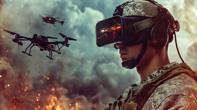 Soldier Using VR Headset to Control Drones in Combat Zone