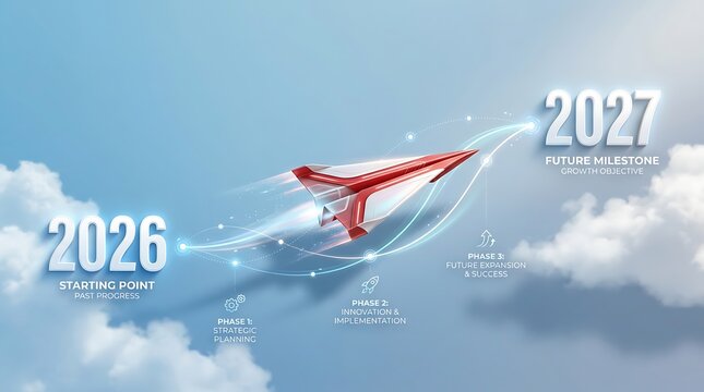 Red and white paper airplane soaring towards 2027 milestone