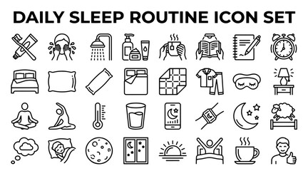 Fototapeta premium Daily sleep routine icon set. Bedtime habits and healthy night rest vector symbols.