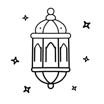 Islamic religion and Ramadan line art icon set with Quran prayer mat kaaba and lantern vector