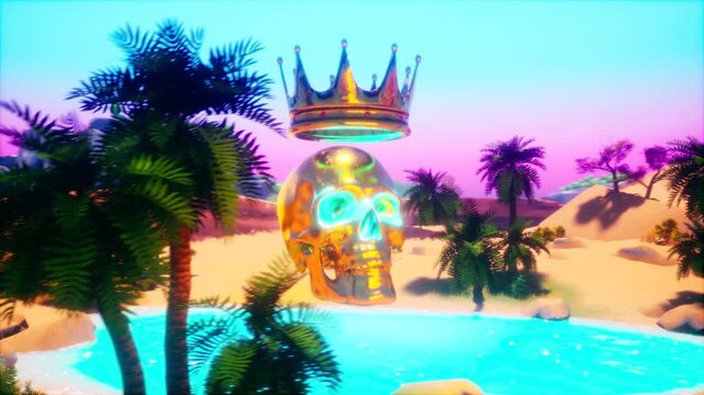Golden Skull with Floating Crown Above Desert Oasis Lake