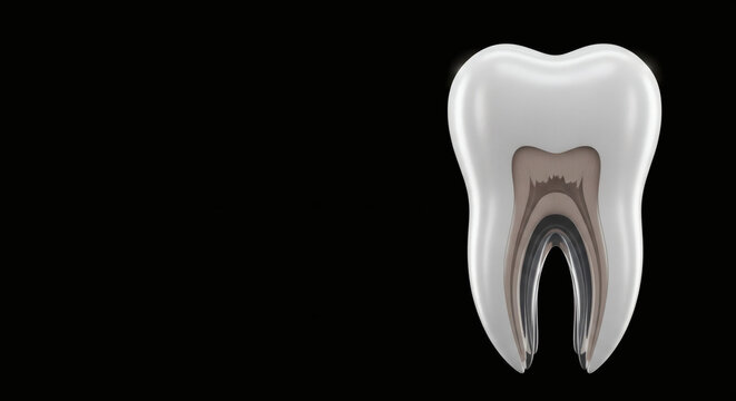 3D render of human tooth cross section anatomy showing enamel, dentin and pulp on black background.