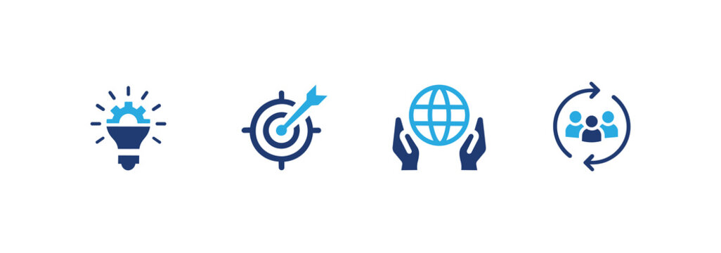 Core values ​​icon banner set. Includes icons for innovation, goals, responsibility, and inclusion. Solid icon illustration pack.