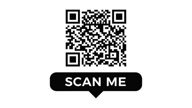 QR code assembling animation with pixel reveal and scan me callout on a clean white background for digital access