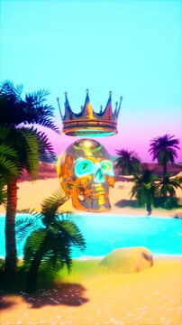 Surreal 3D Render of Crowned Golden Skull with Glowing Eyes