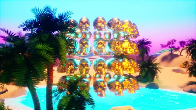 Floating Golden Skulls Cube Formation Above Desert Oasis Lake