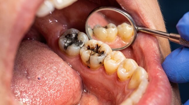 Dentist examining patient mouth with dental mirror showing tooth decay and silver amalgam filling.
