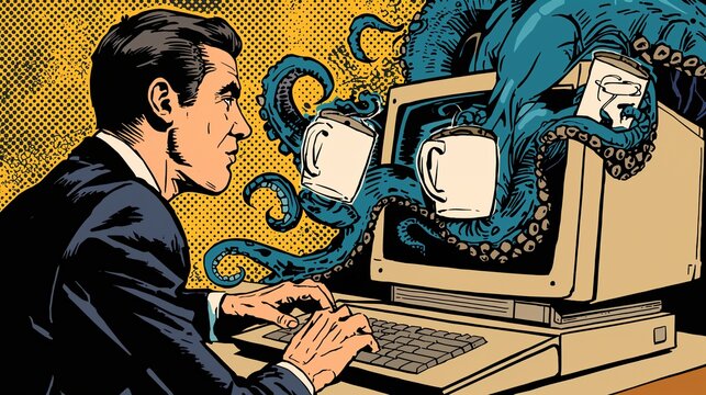 AI Generative. Businessman Working on Computer as Tentacles Bring Coffee Mugs Pop Art Illustration. 2