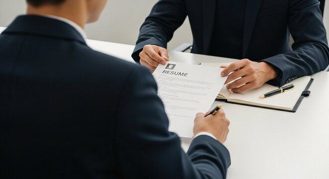 Over-the-shoulder recruiter reviewing a resume at an interview