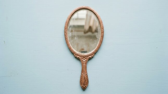 An oval hand mirror with an ornate vintage frame held against a plain light blue background, reflecting a blurred interior room scene inside
