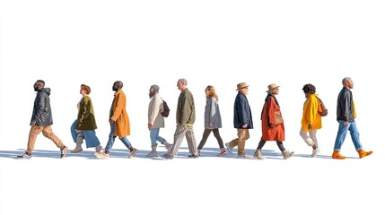 Fototapeta premium A diverse group of people walking together in a line on a white background