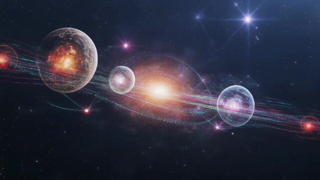 Celestial spheres orbiting in deep space animation