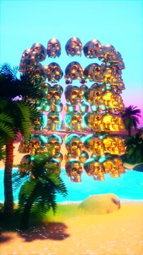 Surreal 3D Render of Golden Skull Grid in Tropical Oasis