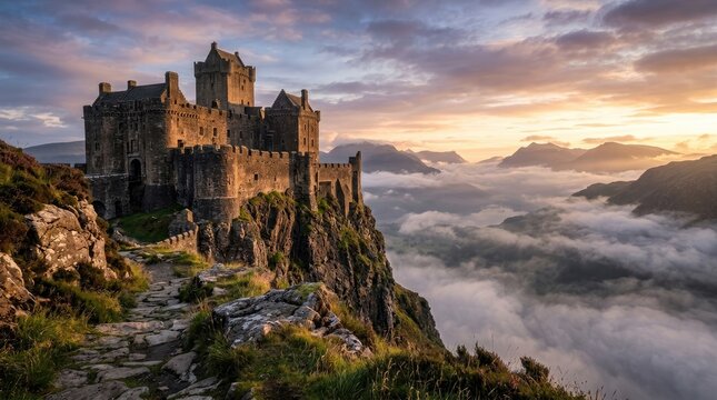 A majestic castle perches dramatically on a rugged cliff overlooking a vast, misty valley.