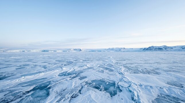 A vast, icy landscape stretches out to the horizon under a pale blue sky. The image captures a frozen ocean, covered in textured ice floes and snow.