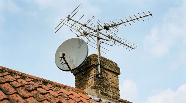 Television antenna and satellite dish mounted on a brick chimney on of a weathered red clay tiled roof against a light blue cloudy sky