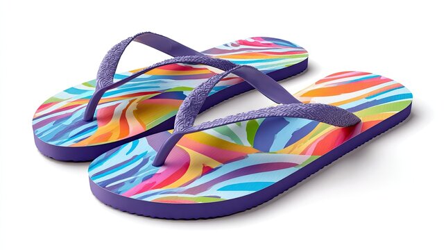 A pair of colorful flip flops with purple straps on a white background