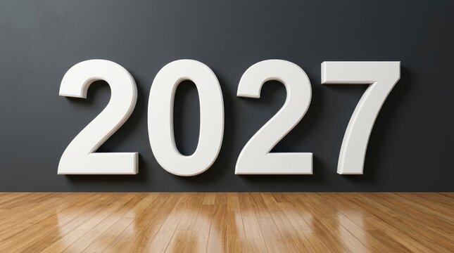 Large white three-dimensional numbers spelling 2027 stand on a polished wooden floor against a dark gray wall, creating a clean minimalist look