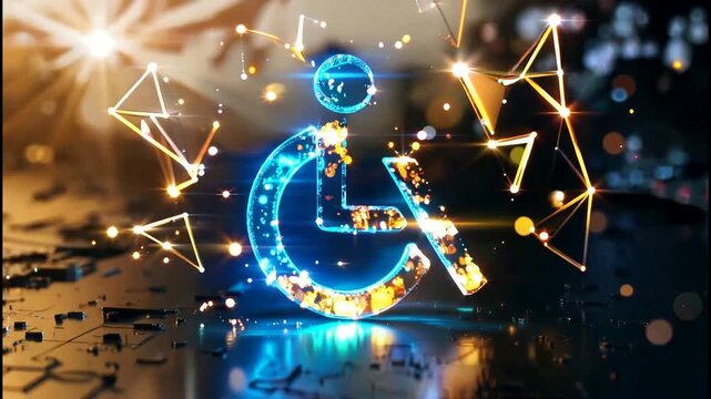 Glowing neon accessibility symbol with digital light particles in dark virtual space