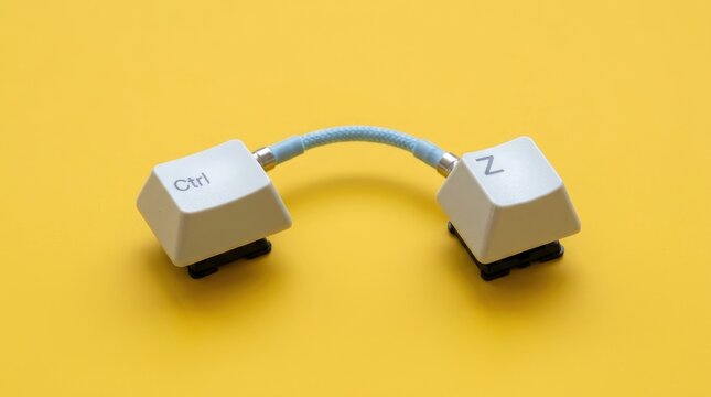 Two computer keyboard keys labeled ctrl and z connected by a blue cable, representing the undo function on a bright yellow background surface