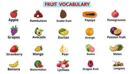 Educational fruit vocabulary chart featuring 20 common fruits with English names, including apple, rambutan, snake fruit, papaya, pomegranate, grapes, avocado, durian, orange, passion fruit, strawberr