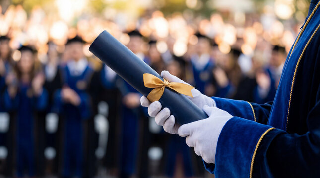 Graduate holds diploma in blue robe with gold bow