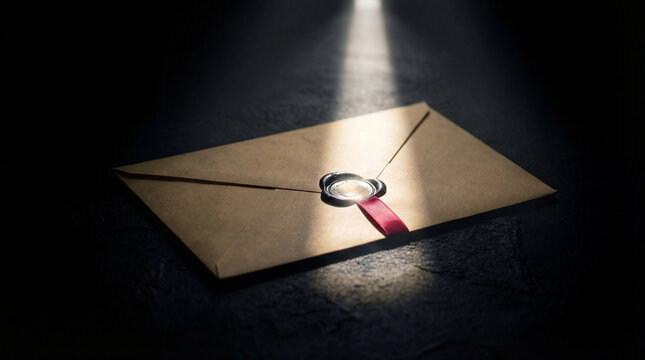 A wax-sealed envelope rests under a beam of light