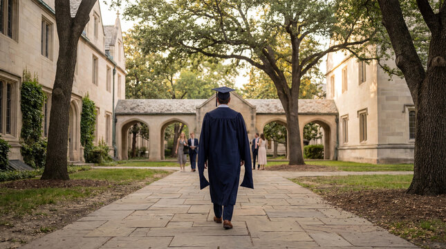 Graduate walks through historic campus pathway