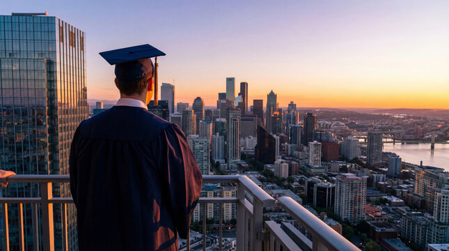 Graduate stands on balcony overlooking city sunset