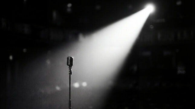 Mic stands alone under bright stage spotlight