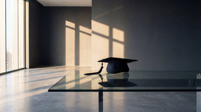 Graduation cap rests on glass table in sunlit room