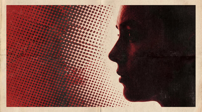 Red halftone pattern flows across side profile silhouette