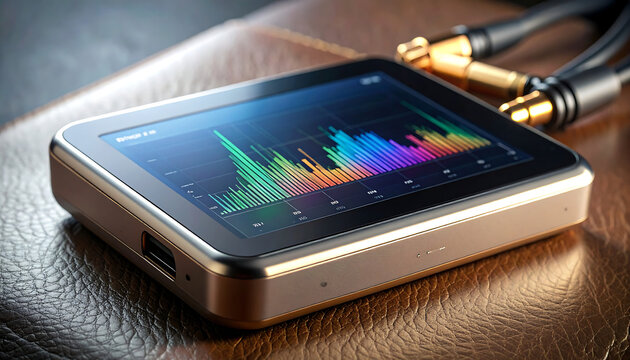High end portable audio player with vibrant equalizer display next to golden audio jack cable
