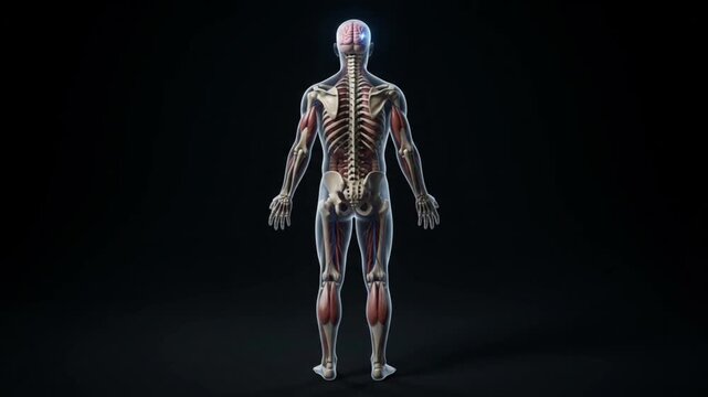 Medical infographic video illustrating ischemic stroke, brain blood clot blockage, and cerebral ischemia mechanism using an animated human skeleton character