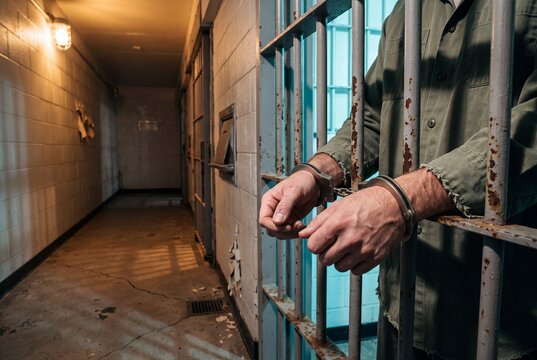 Cropped view of a handcuffed arrested man gripping rusted prison bars in a dim corridor lit by warm caged lamp light with copy space, representing incarceration justice and loss of freedom concept
