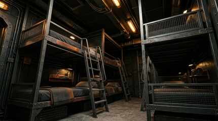Fototapeta premium Grim Barracks Interior Scene With Metal Bunk Beds And Industrial Lighting
