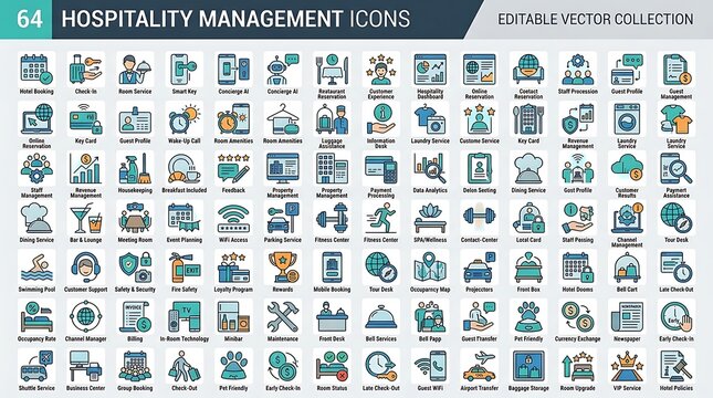 Comprehensive collection of sixty four colorful hospitality management icons designed for digital use on white background