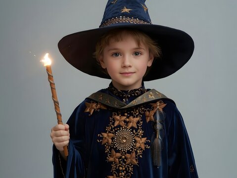 Child wizard in blue robe and hat holding glowing magic wand for fantasy Halloween costume shoot