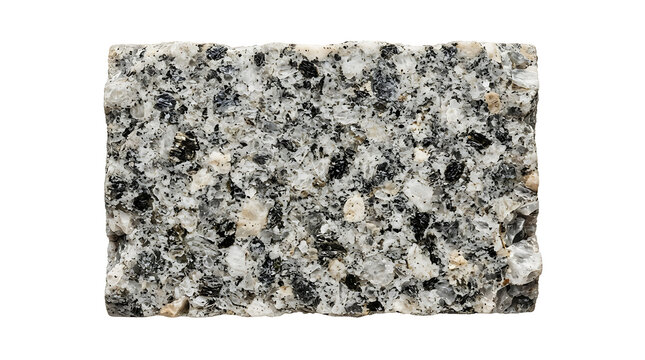 Detailed studio shot of a polished granite rock sample isolated on a clean white background showing speckled mineral texture.