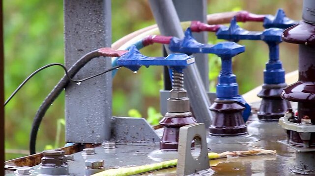 Close-up of rain falling on high voltage transformer bushings and electrical connections. Ideal for power transmission, electricity, utility infrastructure, weather, and energy industry projects.