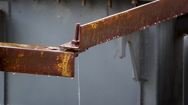 Close-up of rain dripping from a rusted steel beam and bolted connection. Ideal for infrastructure, corrosion, maintenance, engineering, weather, industrial safety, and construction concepts.