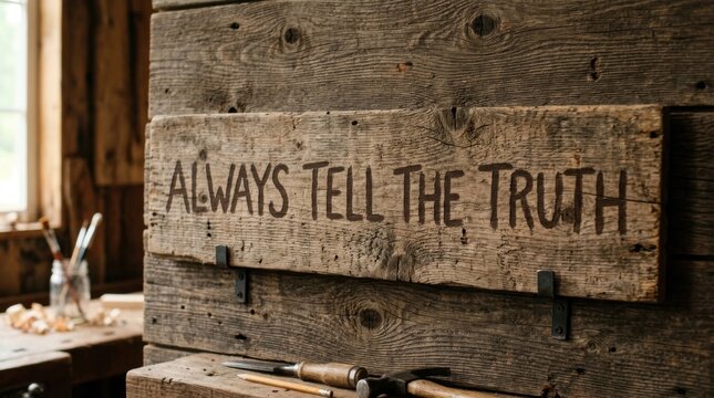Handcrafted Message Always Tell The Truth Wood Sign in Rustic Workshop