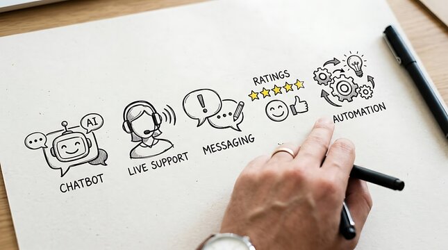 Customer service workflow diagram illustrating chatbot support messaging ratings and automation drawn by hand on white background