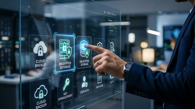 Professional interacting with encrypted database dashboard digital display interface glass panel shown on white background