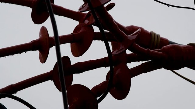High voltage power line insulators with rain droplets during monsoon. Ideal for electricity, power transmission, utility, engineering, infrastructure, weather and energy projects.