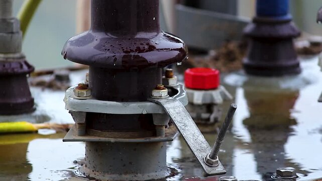 Industrial electrical insulator with rain droplets on wet equipment. Ideal for power distribution, engineering, infrastructure, utility, weather, maintenance and energy projects.
