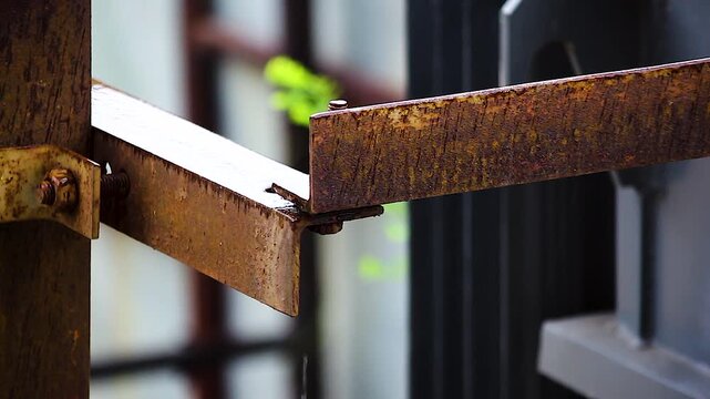 Rusted steel frame dripping rainwater after rainfall. Ideal for construction, infrastructure, engineering, industrial maintenance, weather, corrosion and manufacturing projects.