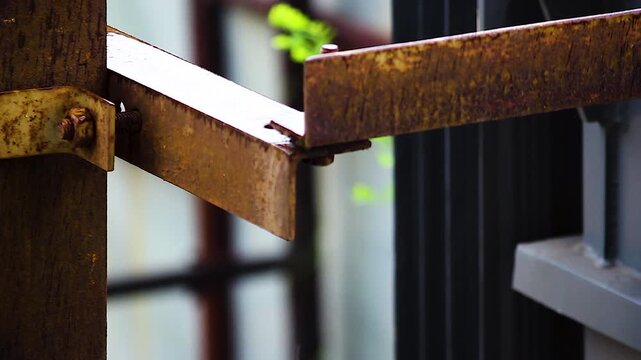 Rusty steel beam dripping rainwater after rainfall. Ideal for construction, infrastructure, engineering, weather, industrial maintenance, corrosion and environmental projects.